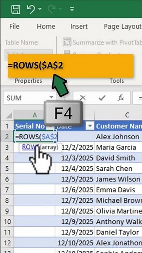 Create Dynamic Serial Number Using Table and Rows Function in Excel
