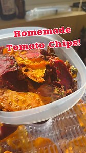 Homemade Tomato Chips!!🍅🍅💯💯💯💯💯💯💯💯💯🍅This is a great way to preserve your homegrown tomatoes so you can enjoy them all year long!🍅Cherry tomatoes are more time consuming, but are bite size!! We just cut them in half and put them skin side down on the dehydrator. It helps them not to stick!🍅Big slicing tomatoes are a bit messier by take far less time to prepare for the dehydrator. 🍅We make sure to add a light layer of salt! It helps to preserve them plus brings out the flavor!!🍅Neve