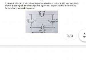 A network of four 10 microfarad capacitors is connected to a 50... | Filo