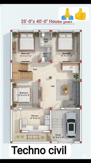 25*40 me 3 bhk beutiful 3D plan with car parking