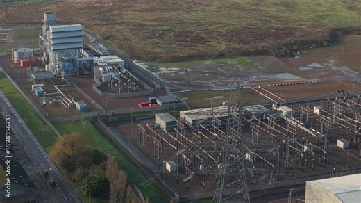 Close up aerial view of electrical substation, pylons and transformers to convert Spalding power plant energy to electricity for the national grid distribution relay UK