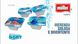 Con Müller Mix Alla Ricerca di Dory la merenda è ancora più divertente: cremoso yogurt alla banana da mixare con cereali colorati al gusto di cioccolato. | Müller Italia