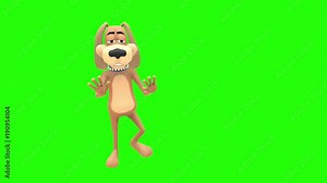 Happy smiling animated dog hound canine pooch mutt cartoon character does tap dance moves multiple times in front of green screen background