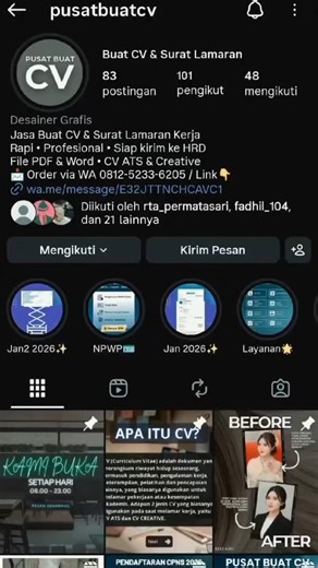 LOKER BANJARMASIN on Instagram: "❌ CV sering dikirim tapi belum dipanggil HRD? ✅ Saatnya pakai CV yang rapi & profesional! @pusatbuatcv siap bantu kamu bikin CV ATS & Creative yang langsung siap kirim ke HRD ✨ Kelebihan buat CV di sini: ✅ Proses cepat & amanah ✅ Harga terjangkau ✅ File PDF & Word (bisa edit ulang) ✅ Free revisi 1 minggu ✅ Free edit background foto ✅ Dibantu penyusunan kalimat (Tentang Saya, Skill, Jobdesk) Cocok untuk fresh graduate & berpengalaman 💼 📲 WA: 0812-5233-6205 📥 At