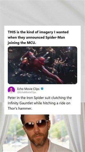 Spider-Man in Iron Spider Suit Clutching Infinity Gauntlet While Hitching a Ride on Thors Hammer