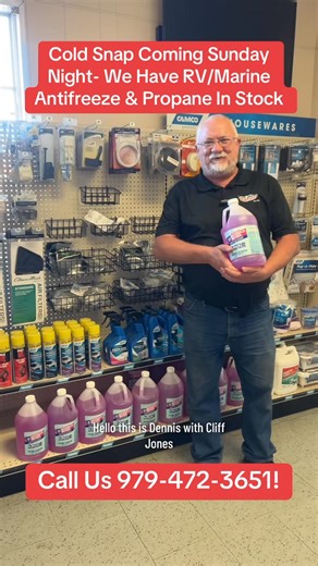 COLD SNAP Will Be Here Sunday Night- Be Prepared! Come Fill Up Your Propane Tanks NOW & Stock Up On RV/Marine Antifreeze At Cliff Jones RV & Tractor! . . Great Prices, Service, and Financing Available- Call us TODAY for more information 979-885-3554! #cliffjones #cliffjonesrvtractor #cliffjonespartsandservice #sealy #houston #katy #Texas #hardfreezewarning #freezeweather #homesafetyfirst #homesafety #propane #propanetank #propanetanks #antifreeze #rvantifreeze | Cliff Jones RV & Tractor