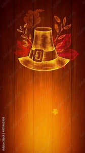 Happy Thanksgiving animated hand drawn vertical greeting card with hat and autumn leaves. Place for text