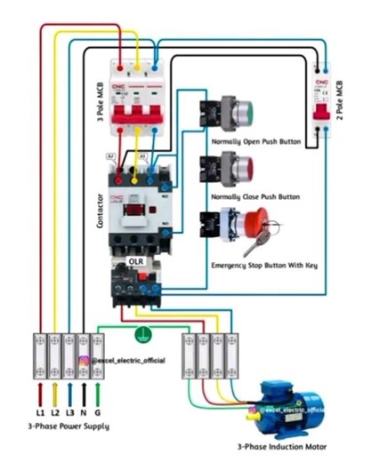3 Phase Motor Starter Wiring Diagram with Contactor, OLR & Push Buttons