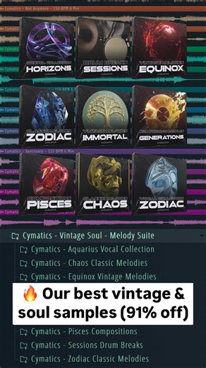 Over the years, Cymatics has released thousands of Vintage & Soul samples for making timeless music. And our team did a deep dive into all of our best packs to find the very best Melody Loops in this style. These samples are filled with emotion throughout and processed through vintage gear to deliver the same feel you’d get by sampling old Vinyl records. Not to mention, most of these sounds are from previously sold out production suites like CHAOS, ZODIAC, IMMORTAL & EQUINOX... So you’re getting