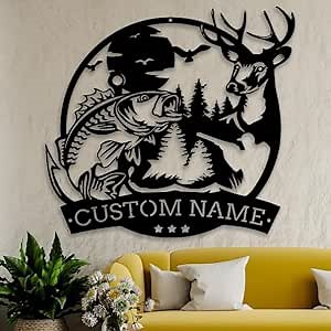 Personalized Deer Fishing Sunset Metal Wall Art Hunting Deer Decor, Custom Hunter Name Sign, Elk Antler Rustic Cabin Lodge Woodland Decor, Birthday Housewarming Gifts for Men Hunter 12 inch