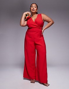 ASOS DESIGN Curve wrap front cut out jumpsuit with buckle detail in red | ASOS