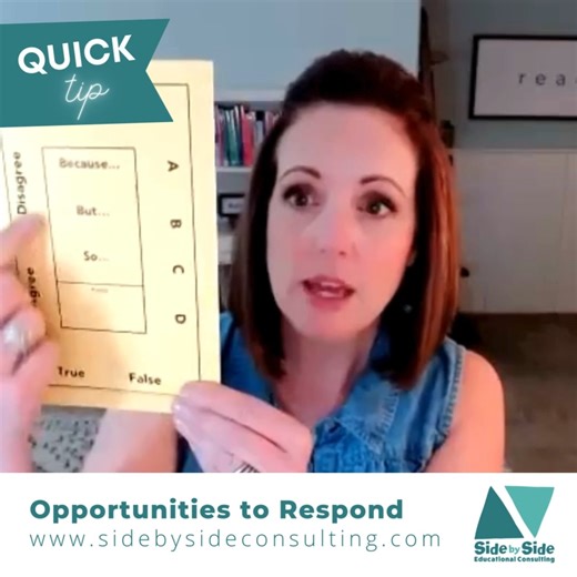 Side-by-Side Consulting on Instagram: "🙋‍♀️📚 Quick Tip: Opportunities to Respond The more students actively respond, the more they learn. Purposefully increasing opportunities to respond boosts engagement, strengthens understanding, and supports better retention—especially during explicit instruction. Small shifts. Big impact. Try adding more structured responses in your next lesson! #QuickTip #OpportunitiesToRespond #ExplicitInstruction #ScienceOfReading #StudentEngagement #EffectiveTeaching