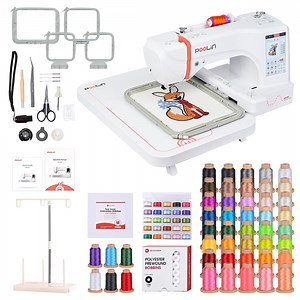 Poolin EOC06 7.9" x 11" Embroidery Machine with 40 Rolls 800m Polyester Threads,144pcs Prewound Bobbins Size A Plastic and Accessories