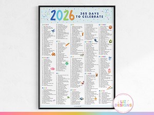 2026 National Days Calendar Printable, Content Planner, Theme Days, One Page Calendar, Social Media Ideas, World Days, 365 Days to Celebrate - Etsy