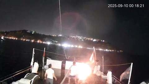 MOMENT: Surveillance footage shows reported drone strike, fire erupting on flotilla for Gaza