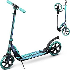 Skidee Adult & Teen Scooter Adjustable Height, Folding, Large Wheels, Lightweight, Durable, Anti-Shock Suspension, Up to 220 lbs