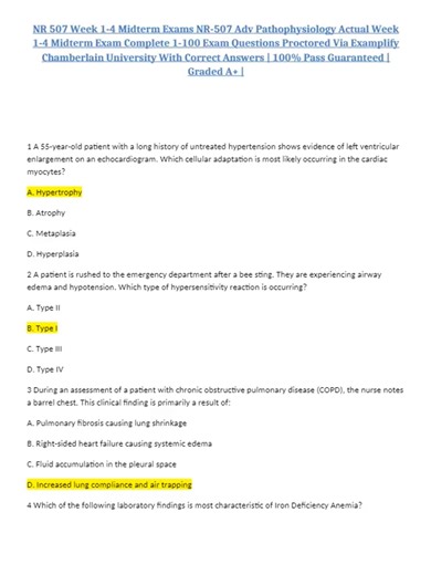 NR 507 Week 1-4 Midterm Exams NR-507 Adv Pathophysiology Actual Week 1-4 Midterm Exam