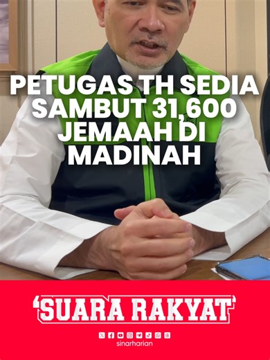 Petugas TH sedia sambut 31,600 jemaah di Madinah Petugas Lembaga Tabung Haji (TH) bersiap siaga bagi menyambut ketibaan 31,600 jemaah haji Malaysia sempena Operasi Haji Madinah musim 1447H yang kini berjalan lancar, lapor wartawan Sinar Harian, Rosli Ahmad. Seramai 150 petugas tiba lebih awal di bumi Madinah pada 12 April lalu bagi memulakan gerak kerja operasi, sekali gus memastikan tahap kesiapsiagaan berada pada tahap optimum sebelum ketibaan jemaah. Copyright disclaimer: Segala penyuntingan 