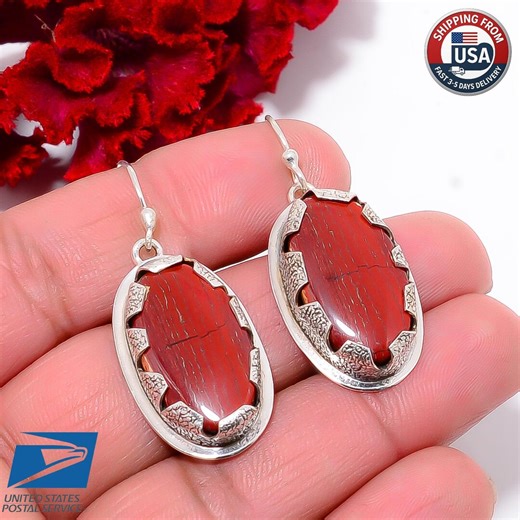 Snake Skin Jasper Drop Dangle Earrings 925 Sterling Silver Red Stone Jewelry - Etsy