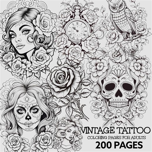 200 Vintage Tattoo Coloring Pages | Gothic Skulls, Women (PDF Pattern A4) - Etsy