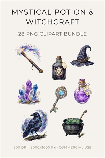 Witchcraft Clipart Bundle 28 PNG, Potion Bottles, Crystal Ball, Black Cat, Mystical Gothic Magic PNG, Halloween Sublimation - Etsy