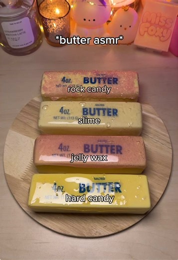 butter squishy ASMR *hard candy vs. jelly wax vs. slime vs. rock candy*🧈 #asmr #squishy