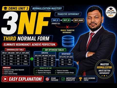 DBMS Unit 3 Lecture 9 | Third Normal Form (3NF) Explained | Transitive Dependency