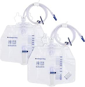 2 Pack Urinary Drainage Bag with Anti-Reflux Chamber, 4000ml Large Capacity, 48" Drainage Tube, Professional Urine Bags with Clips and Hanging Hook, Catheter Bags for Men
