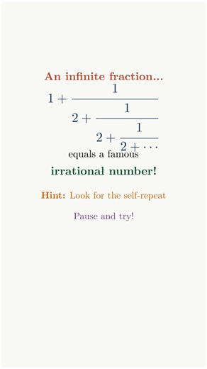 1 + 1/(2 + 1/(2 + ...)) = ? This infinite fraction hides √2 🔥 #maths #InfiniteFraction #SAT #viral