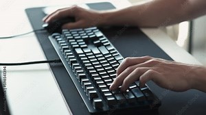 Online work. Computer technology. Unrecognizable man employee hands typing using computer keyboard mouse playing games at office workplace. Generative AI