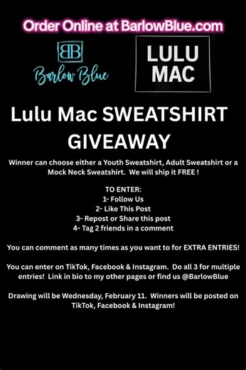 Barlow Blue in French Camp, Ms on Instagram: "Lulu Mac GIVEAWAY! Barlow Blue is giving away the winners choice of a Lulu Mac Mock Neck Sweatshirt, a Youth Sweatshirt or an Adult Sweatshirt! These are all available for order NOW at BarlowBlue.com. The youth & adult sweatshirts are in stock and ready to ship! The Mock Neck sets will be here next week. TO ENTER: 1. ���Follow Us 2. ���Like This Post 3. ���Repost or Share this post 4. ���Tag 2 friends in a comment You can comment as many times as you