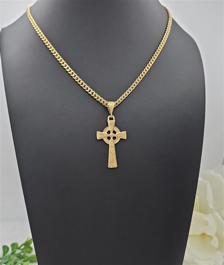 Gold Cross Necklace for Men: Celtic Embossed Knot, 4mm Cuban Chain, 14k Heavy Plated - Etsy