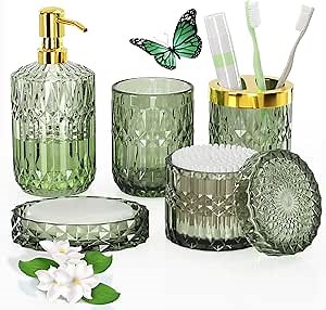 QIQU Green Glass Bathroom Accessories Set 5 Pcs, Green Bathroom Set, Soap Dispenser and Toothbrush Holder Set, Qtip Holder Set, Vintage Bathroom Sink Set, Cute Bathroom Decor