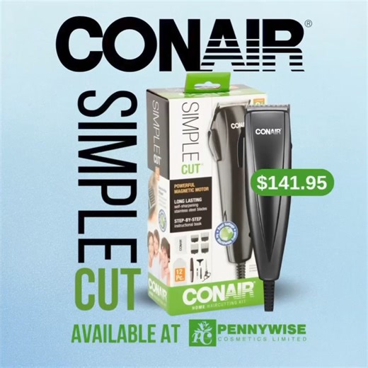1.8K views · 22 reactions | On the go or at home, the Simple Cut 12-Piece Haircut Kit by Conair has you covered. The clipper has a powerful magnetic motor and stainless steel blades for long-lasting cutting precision.  View our Pinned Post on Facebook for All Locations and Contacts #PennywiseCosmetics #ConAir #ShopAtPennywise | Pennywise Cosmetics Ltd. | Facebook