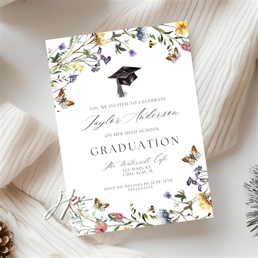 Wildflower Butterflies Graduation Invite Editable Spring Floral Grad Party Invitation Girls High School Canva Template College Grad Brunch - Etsy