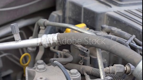 Close-Up Examination of Vehicle Engine Components: A Detailed Look at Hoses and Connectors in an Automotive Setup, Highlighting Their Importance and Functionality. Video with sound