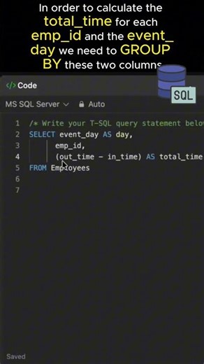 Leetcode 1741 | Calculate Work Hours in SQL! ⏱️ (Time Tracking) #shorts