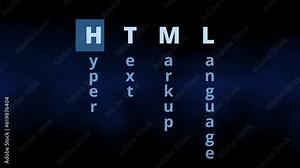 HTML Hypertext Markup Language letters for web design and html code creation for homepages and websites as big letters animation for online business and programming language skills in modern browsers Stock Video