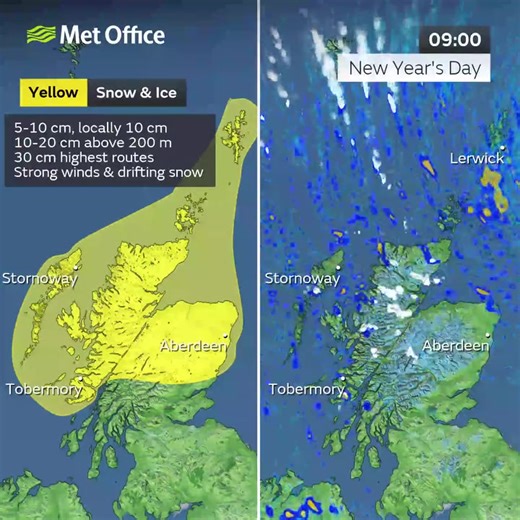⚠️ ❄️ The Met Office has issued a Yellow Weather Warning for Snow and Ice for the North of Scotland, including Shetland, from 0600hrs on Thursday 1st January until 2359hrs on Friday 2nd January 2026. "Showers will turn increasingly to snow through Thursday as a strong, perhaps locally gale force northerly wind sets in. Initially accumulations will mainly affect higher routes, but by evening some accumulations will start to build even to low levels, with 2 to 5, locally 10 cm of lying snow accumu