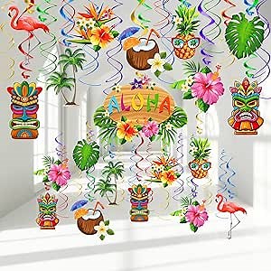 FRIDAY NIGHT 36pcs Luau Aloha Party Hanging Swirl Decorations Hawaiian Tropical Flower Palm Flamingo Sign Foil Ceiling Decor