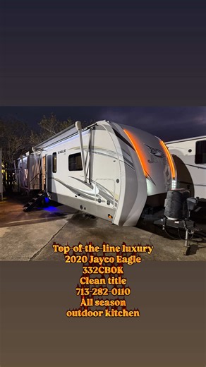 Top-of-the-line luxury 2020 Jayco Eagle 332CBOK, 39 ft long, in excellent condition with a clean title. Features: * All-Season Package * Outdoor Kitchen * 3 TVs * Double-Door Refrigerator * Large, Spacious Bathroom * Washer & Dryer Connections * Premium Luxury Interior * Well maintained and ready to travel Extras Included: * Free storage after purchase * Free local delivery * Nationwide delivery available 💰 Price ONLY $29,900 !! 📍 Located in: Rosenberg, TX 77471 📞 Call/Text: 713-282-0110