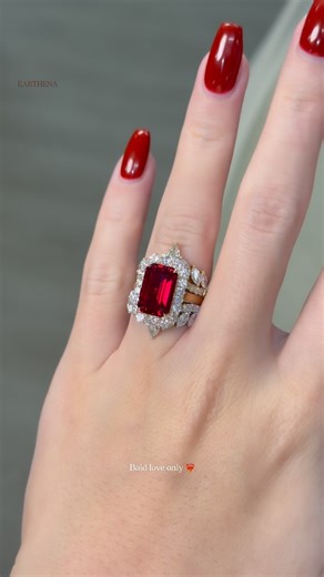 EARTHENA on Instagram: "Heirloom energy, redefined ❤️‍🔥 All rings shown ♥️The Gloria, 4.5CT Emerald-Cut Ruby Halo Cathedral Ring ♥️The Isabella, Double-Row V-Shaped Diamond Band ruby engagement ring // emerald cut ruby ring // cathedral halo ring // luxury ruby ring // v shaped diamond band // diamond chevron band // statement engagement ring // fine jewelry Beverly Hills // modern heirloom jewelry // Earthena Jewelry #earthena #earthenajewelry #engagementring #rubyring #rubyjewelry"