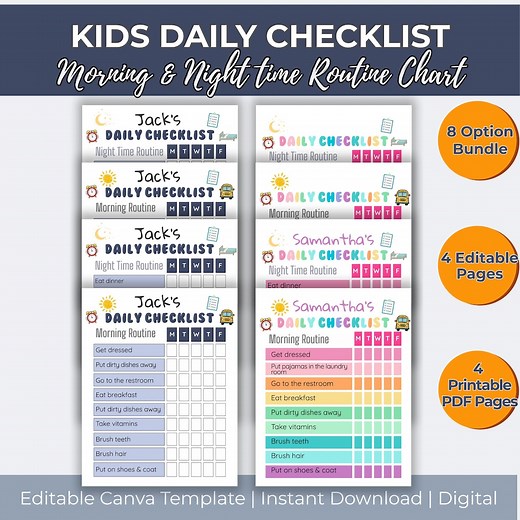 Editable Kids Daily Routine Chart: Morning and Night Checklist Bundle (digital Download) - Etsy