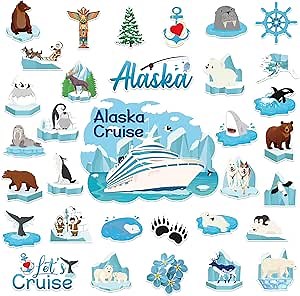 chiazllta 33PCS Alaskan Themed Cruise Door Magnets Decorations Magnetic Cruise Ship Sticker Decal Alaska Cruise Ship Door Magnets Magnetic Whale Sea Lion Fridge Magnet for Refrigerator Car Accessories