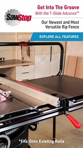 Attach jigs and accessories in the dovetail groove on SawStop’s new T-Glide Advance fence | SawStop