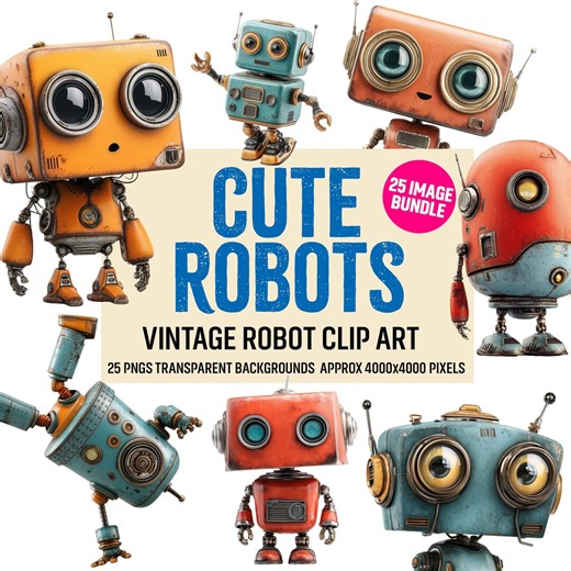 Robot Clipart Set – Cute Robot X25 PNG Bundle, Baby Robot Illustrations, Kids Wall Art - Etsy
