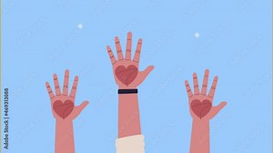 human rights awareness animation with hearts in hands