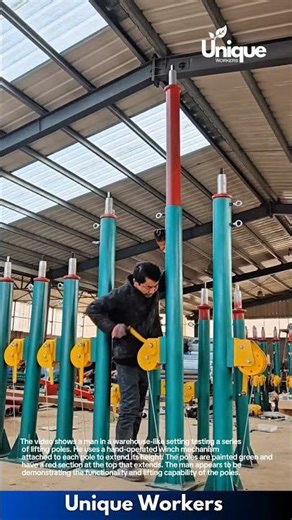 Testing Lifting Poles: Man Demonstrates Winch-Powered Extension