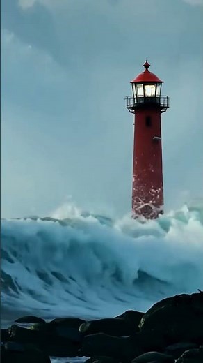 Lighthouse Handle a Giant Wave Crashing Over It？ #lighthouse #ocean #redlighthouse