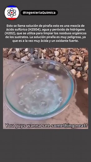 La solución piraña es una mezcla de ácido sulfúrico (H2SO4), agua y peróxido de hidrógeno (H2O2), que se utiliza para limpiar los residuos orgánicos de los sustratos. La solución piraña es muy peligrosa, ya que es a la vez muy ácida y un oxidante fuerte. • • Si no sabes nada de Química o solo sabes un poco… tenemos un curso donde aprenderás Química desde Cero, para más información visita nuestro link biografía @ingenieriaquimica • Visite @ingenieriaquimica y @amantealaciencia para obtener más in
